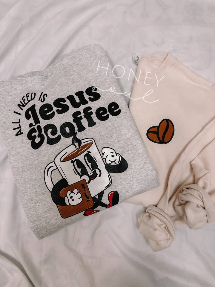 All I Need is Jesus and Coffee Cartoon Graphic for wholesale by Honey Soul LLC