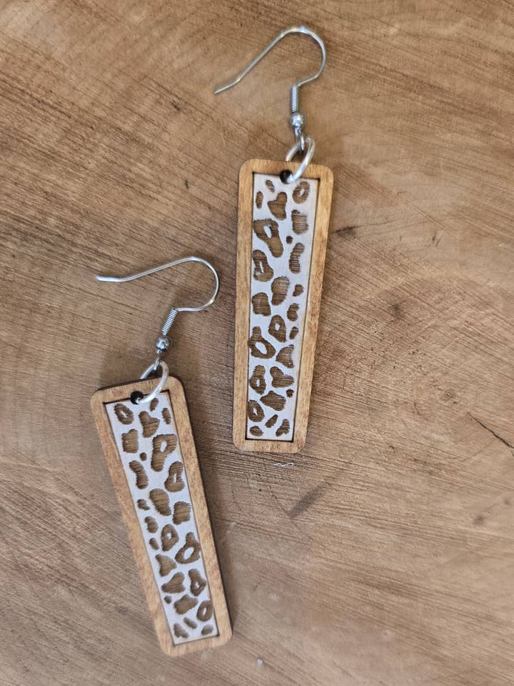 Leopard Print Bar Earrings/ Animal Print/ Wood Earrings for wholesale by Silver Birch Designs Jewelry