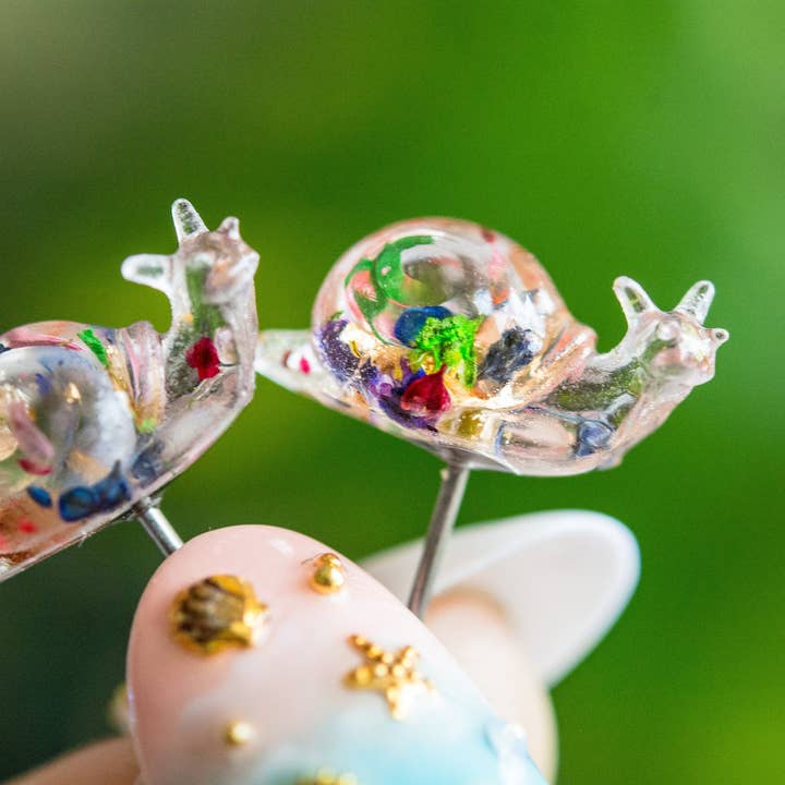 Pressed Flower Snail Earrings, Snail Studs, Hypoallergenic for wholesale by The Slug And Kraken