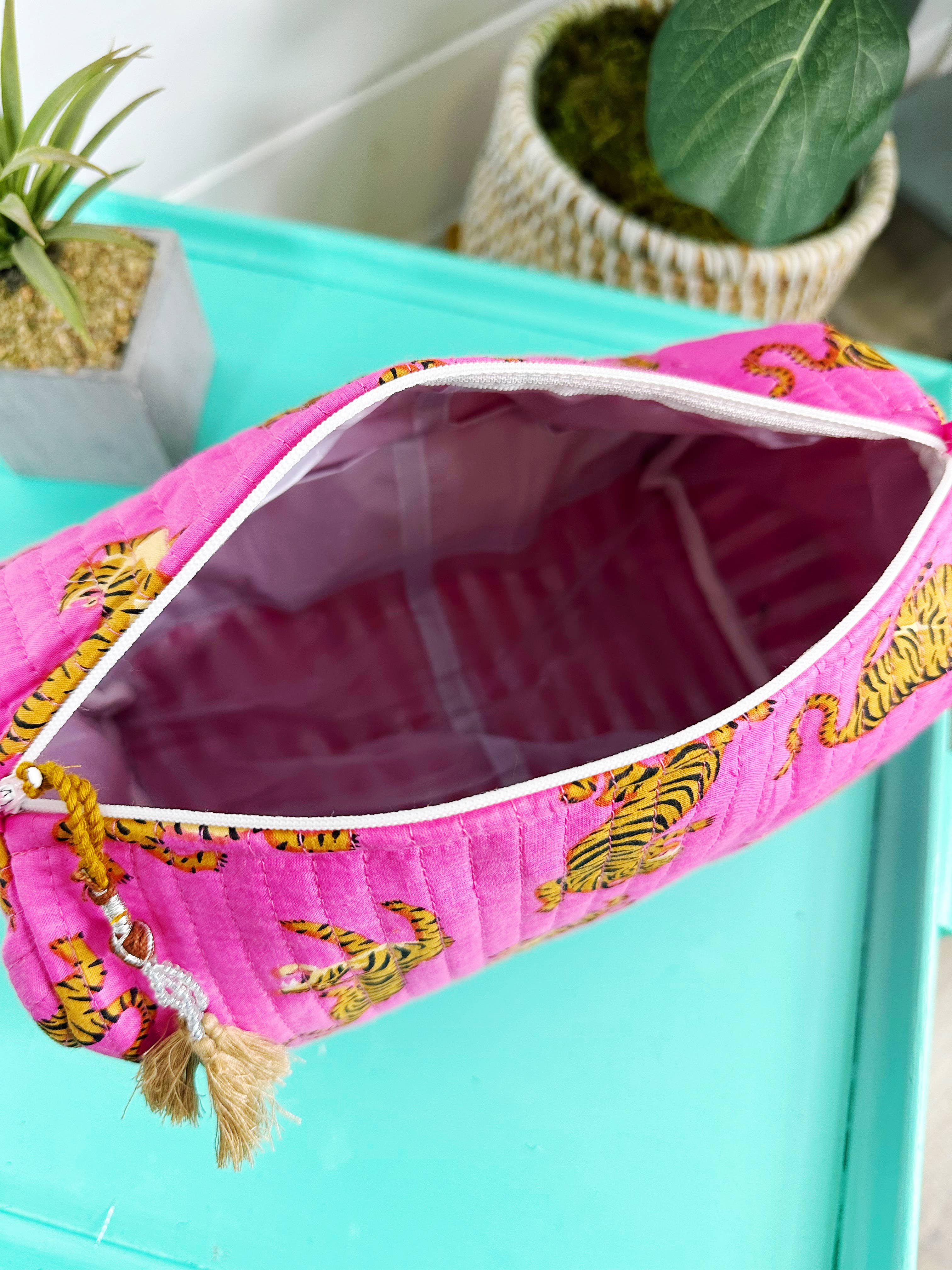 Folklore Couture - Wholesale Makeup/Cosmetic Bag - Quilted Pink Tiger Print Makeup Bag | Cosmetics Toiletry Bag4