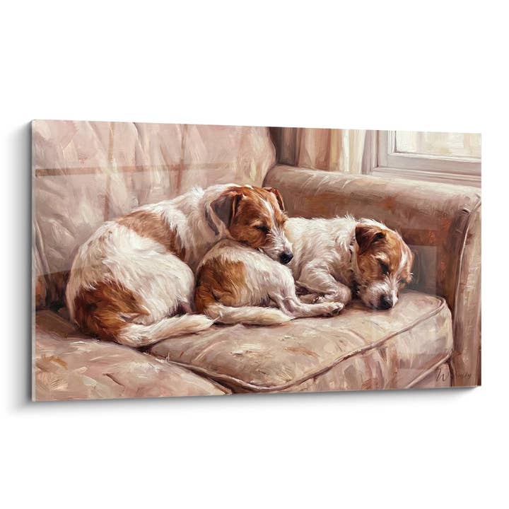 Two Jack Russell Terriers Sleeping on Beige Sofa - Canine Tenderness - Jack Russell Terrier Edition for wholesale by Walensky