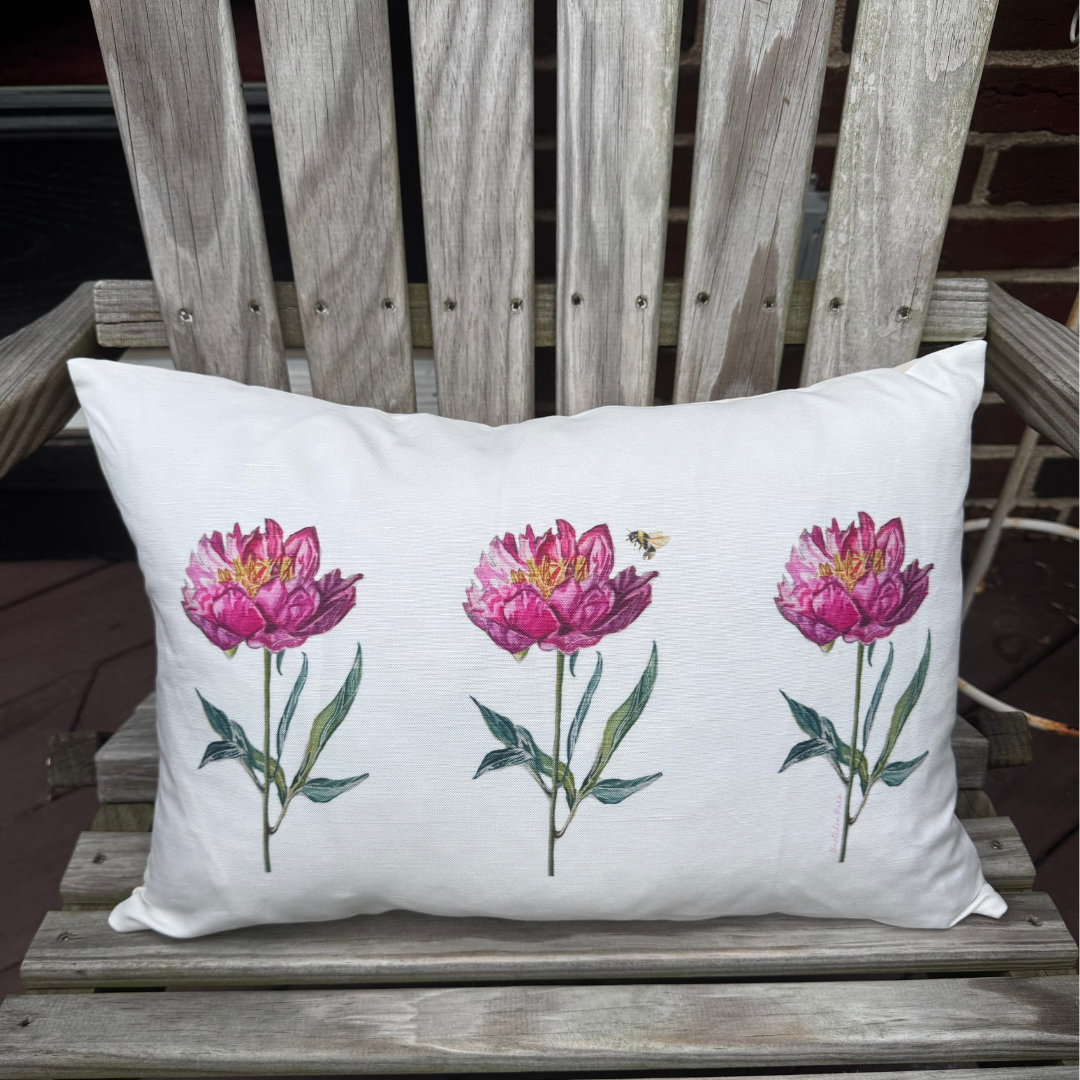 Goose and Willow - Wholesale Lumbar Pillow - Throw Pillow - Dark Pink Peony with Bee Triple on Linen Cotton Lumbar2