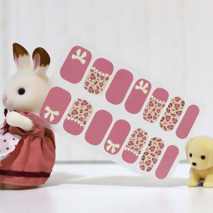 ClebleNails - Wholesale Nail Art/Decal - Pink Leopard Print Nail Wraps / Cute Cheetah Nail Polish Strips / White Bow 3D Nail Stickers / Valentines Animal Nail Wraps Free Shipping