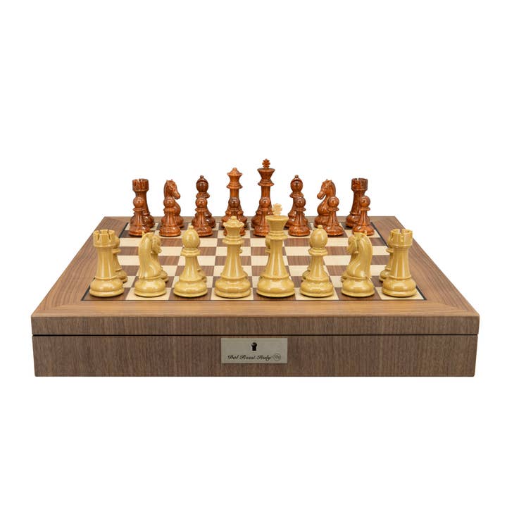 Walnut Inlaid Chess Box with 110mm Chessmen and Compartments for wholesale by Dal Rossi Italy