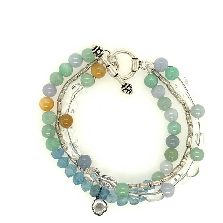 Sterling Silver Aquamarine, Jade, Quartz Bracelet with Slice for wholesale by Ellen Hoffman Designs