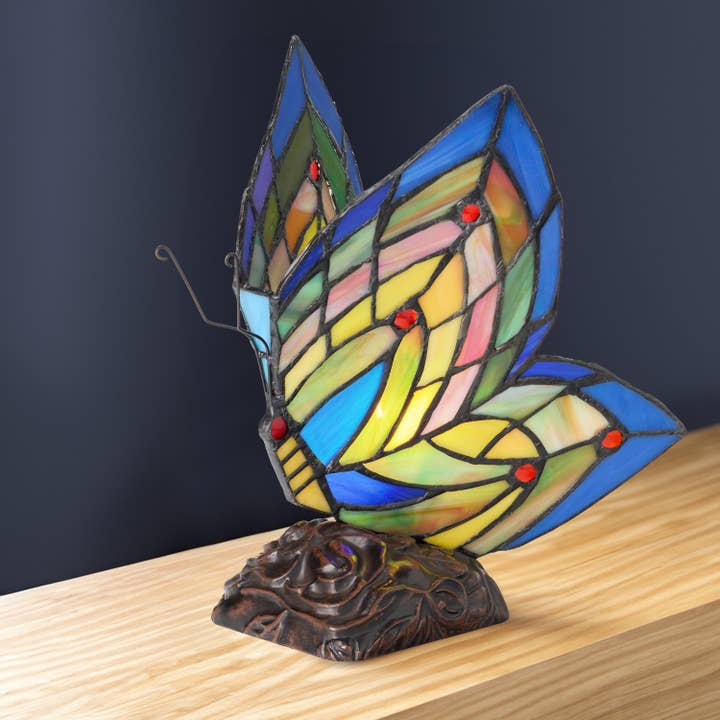 9.5"H Luella Red Butterfly Wings Stained Glass Accent Lamp for wholesale by River of Goods