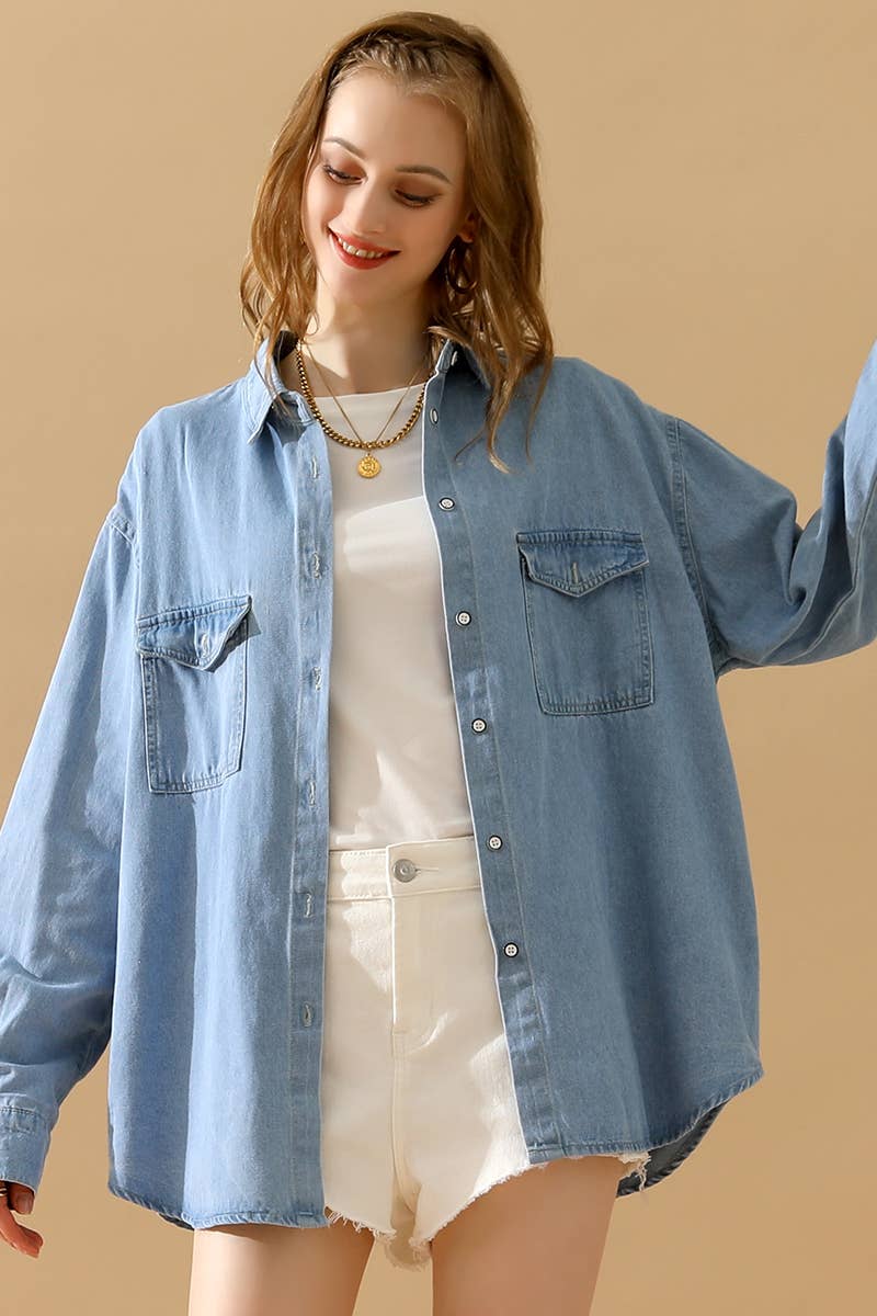 LIGHTBLUE CWTSTL0265-B_SIMPLE POKCET DENIM LONG SLEEVE SHIRTS for wholesale on Faire9