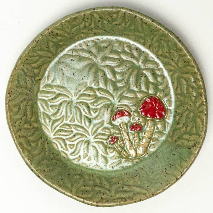 Mushroom Pattern Green Stoneware Round Trinket Dish Handmade for wholesale by White Squirrel Clayworks