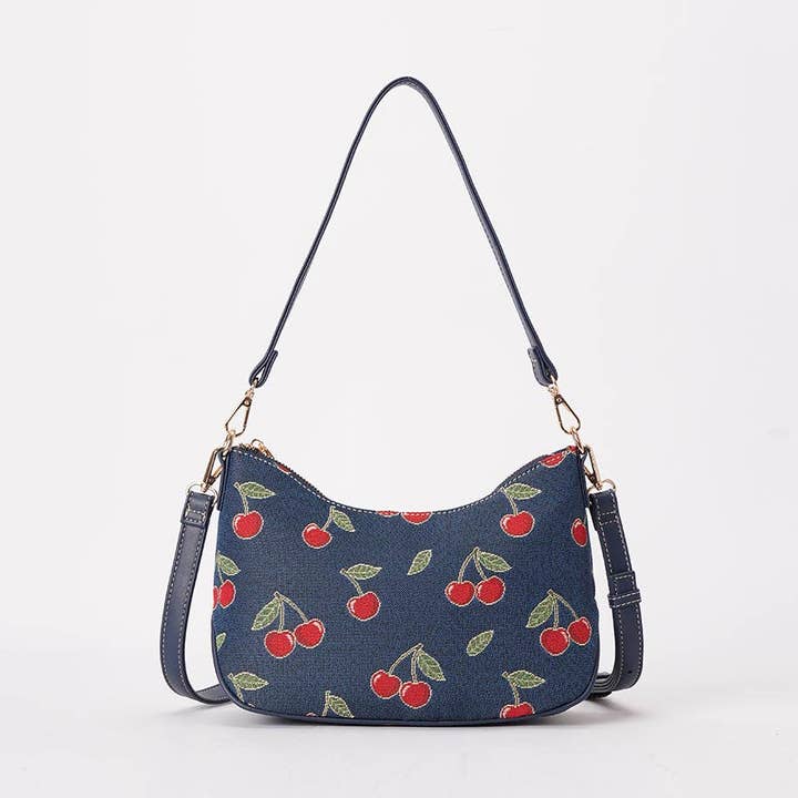 Sac à main Cherry Moon sur fond bleu pour la vente par Signare London