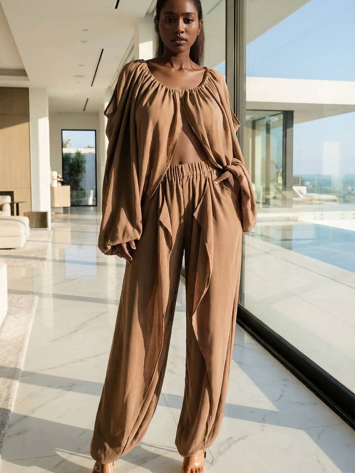 Flowy Long Sleeve Top & Wide Leg Pants Set for wholesale by J2 FASHION