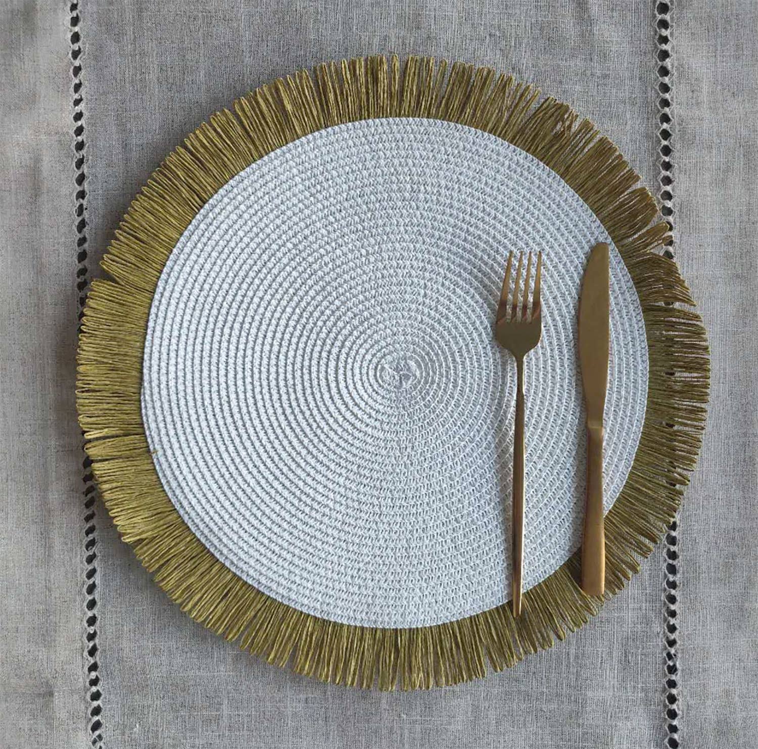 Fennco Styles - Wholesale Placemat - Handwoven Fringe Boho 15" Round Placemat15