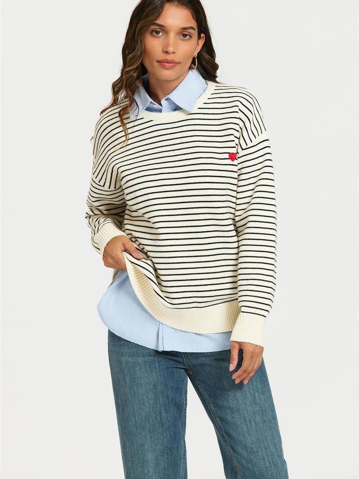Little Heart Embroidery Stripe Pattern Jumper Top In White for wholesale on Faire0