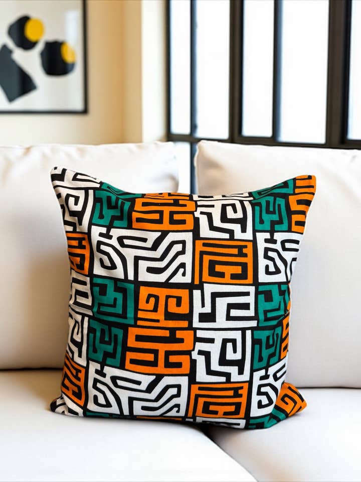 African pillow cover | Teal & Yellow-Orange Kuba Blocks - Decorative pillow 45x45cm - 100% Cotton for wholesale by AfricanFabs