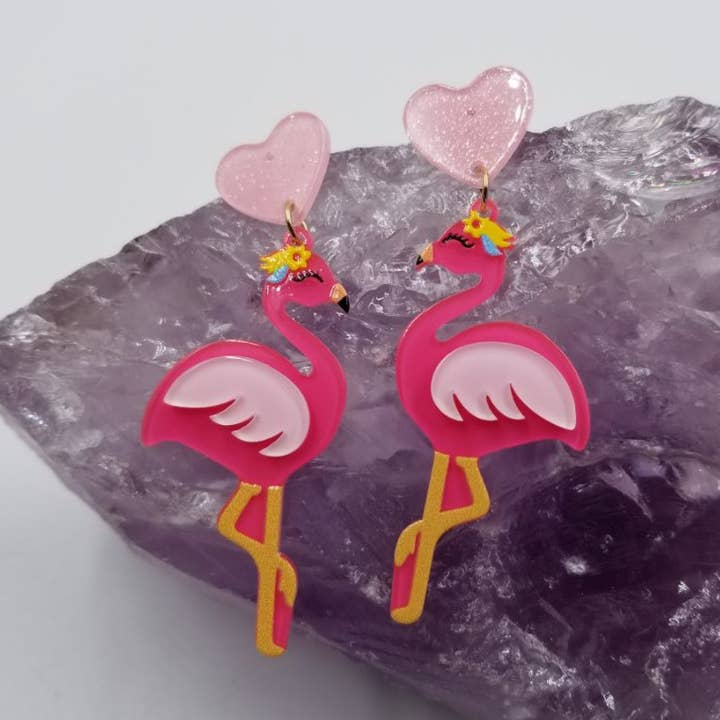 Pink Heart Flamingo Dangle Earrings - Valentine's Day for wholesale by magnolia jewelry
