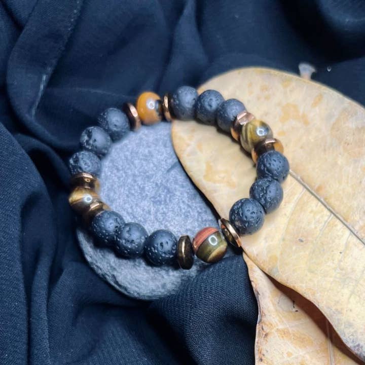 Black Lava & Tiger Eye Stone Bracelet – Men's Healing Energy for wholesale by Hadi Craft