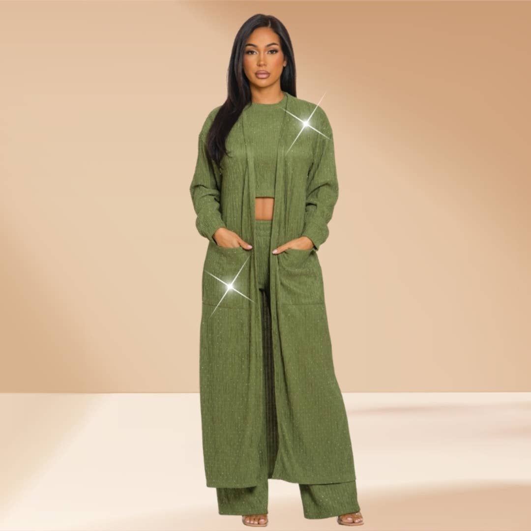 Celystrends - Wholesale Top & Pant Set (NOT Loungewear) - Women's - 3 Piece Set Stones All Over Pants Set Cardigan