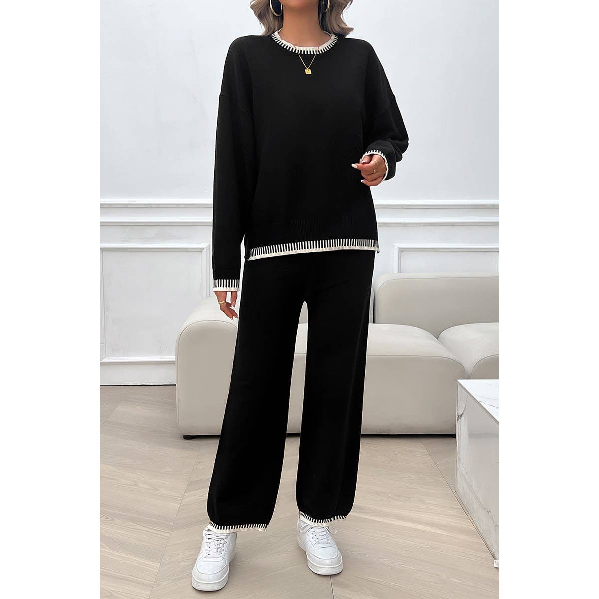 Supreme Fashion - Wholesale Lounge Set - Women's - Colock Block Round Neck Drop Shoulder Loose Set15