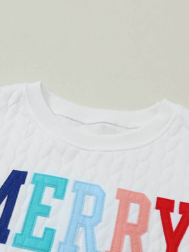 Suhkasana - Wholesale Sweatshirt - Women's - White LUCKY Chenille Embroidered Cable Knit Pullover Sweatshirt72