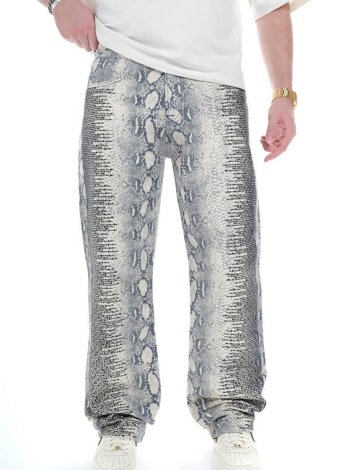 Mens Grey Snake Print Wide Leg Jeans 1025ES3319 for wholesale by Monocloth