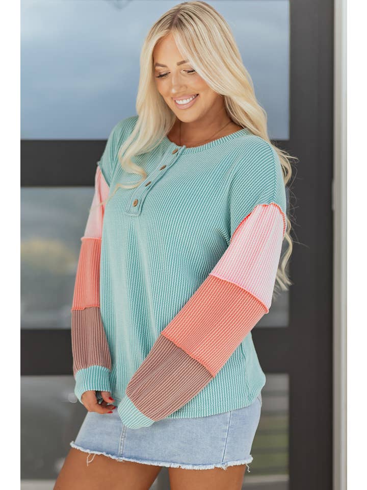 Multicolour Colorblock Corded Knit Long Sleeve Henley Top for wholesale on Faire3