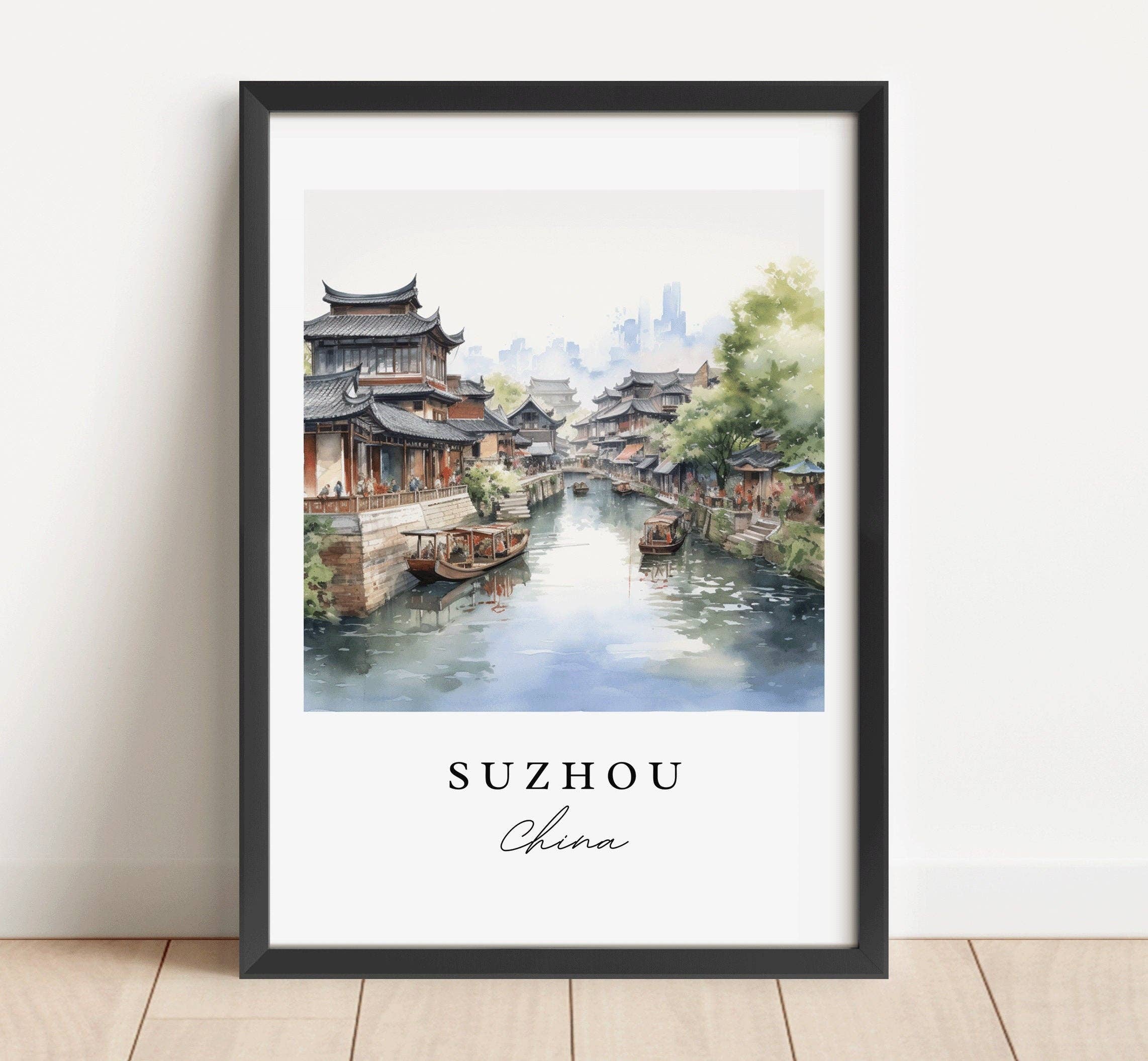 Premium Travel Art - Venta al por mayor Ilustración - Arte de viaje tradicional de Suzhou - China, póster de Suzhou, regalo de boda, regalo de cumpleaños, texto personalizado, regalo personalizado0