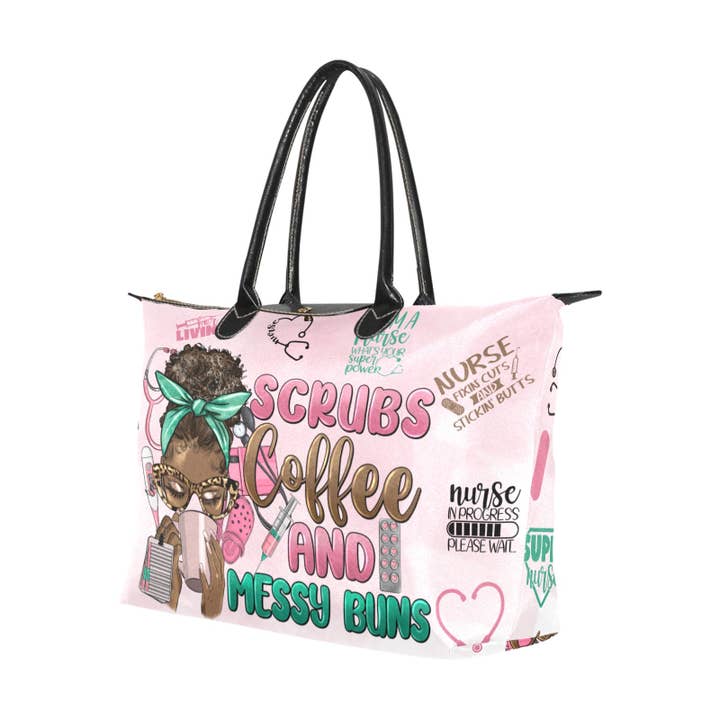 Deerora Creations - Vendita all'ingrosso Borsa tote - Donna - Borsa a tema infermiera: design Scrubs, Coffee e Messy Buns