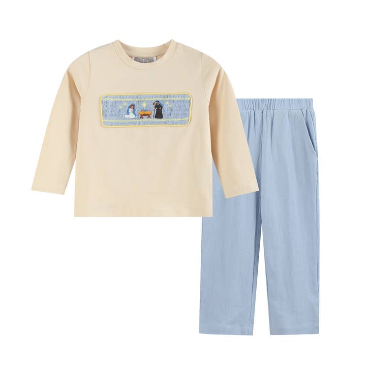 Lil Cactus - Wholesale Top & Pant Set - Kids - Light Brown Nativity Smocked Shirt and Blue Pants