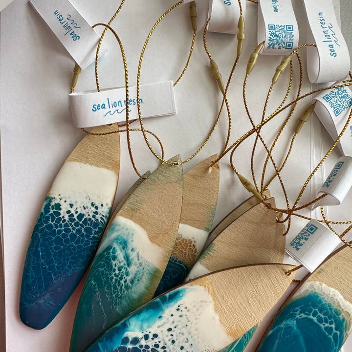 SeaLion Resin - Wholesale Ornament - Surfboard Ornament birch wood and ocean wave resin beach4
