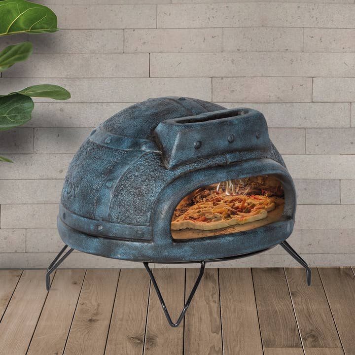Best Life Patio - Wholesale Outdoor Grill Tools - Handcrafted Blue Collection Clay Pizza Oven with Iron Stand
