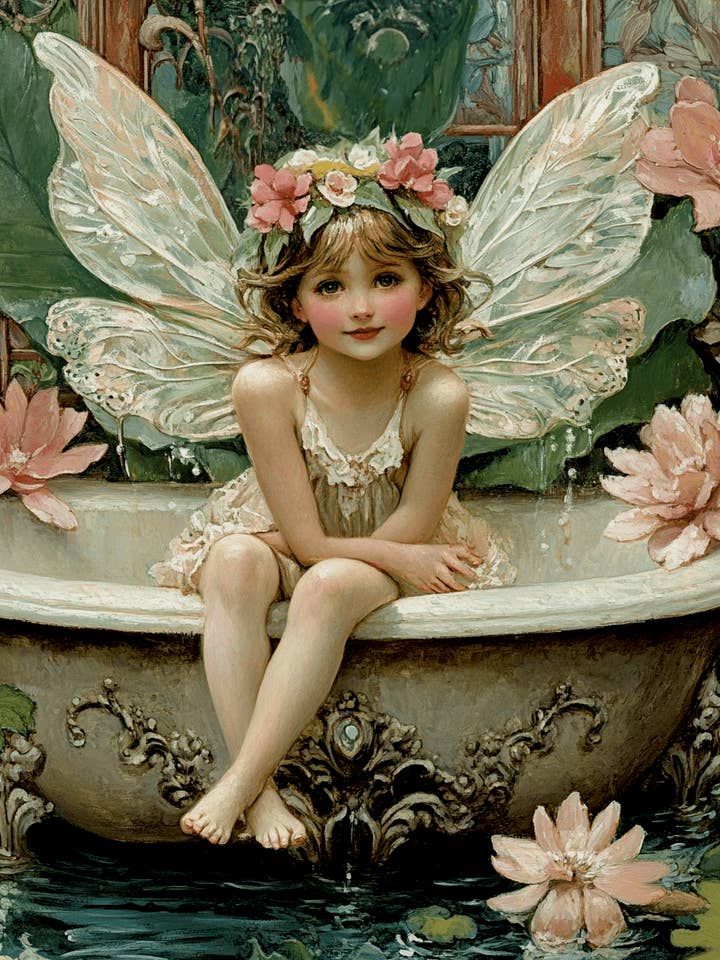 Fairy Lillie in Bathtub - Fairies Wall Art Prints – 8″x10″ Artwork for 11″x14″ Frame for wholesale by Mowbi