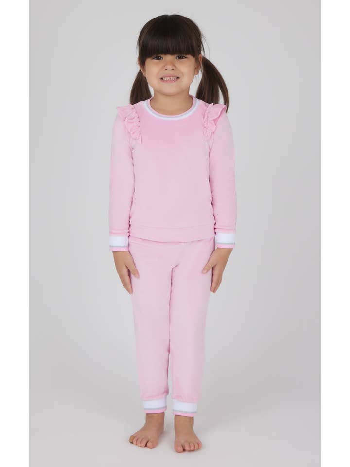 90 Degree by Reflex - Wholesale Lounge Set - Kids - Toddler Girls Velour Ruffle Crew and Jogger Set