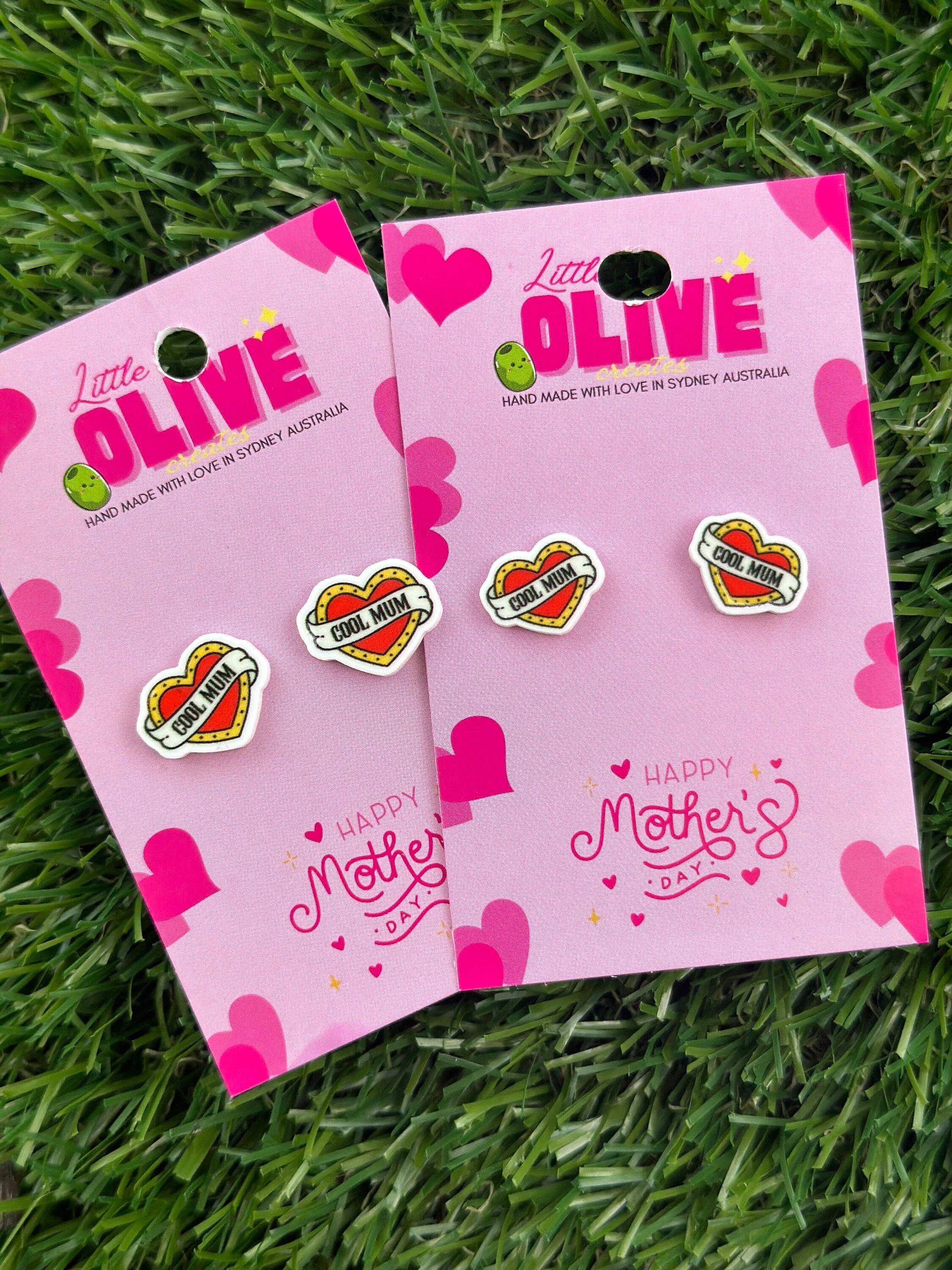 Little Olive Creates - Wholesale Stud/post earrings - Radiant Tattoo Style Heart 'Mamma Bear' and ‘Cool Mum’ Stud Earrings: Celebrate Motherhood in Style!2