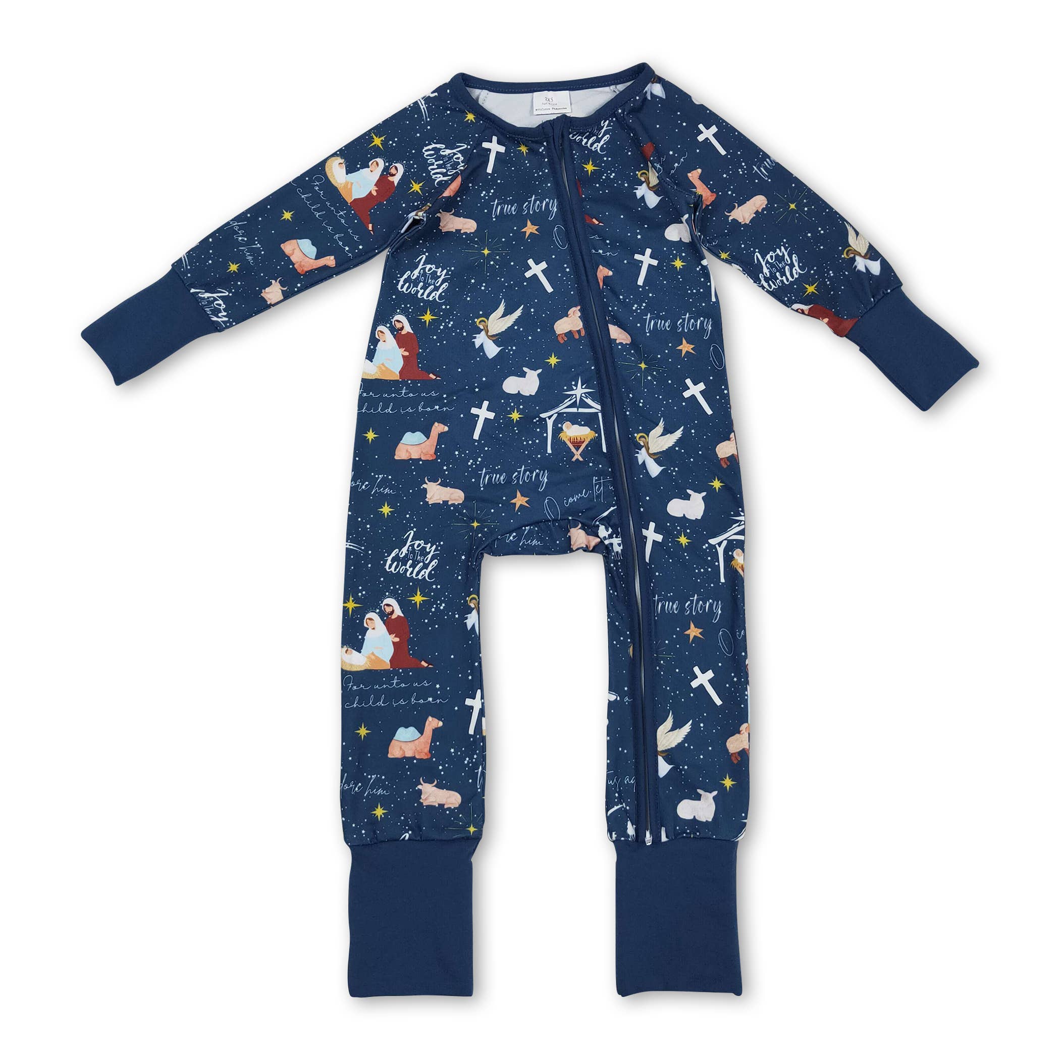 Yawoo Garments - Wholesale Sleepwear Set - Kids - Blue long sleeves cross nativity kids boys Christmas pajamas1