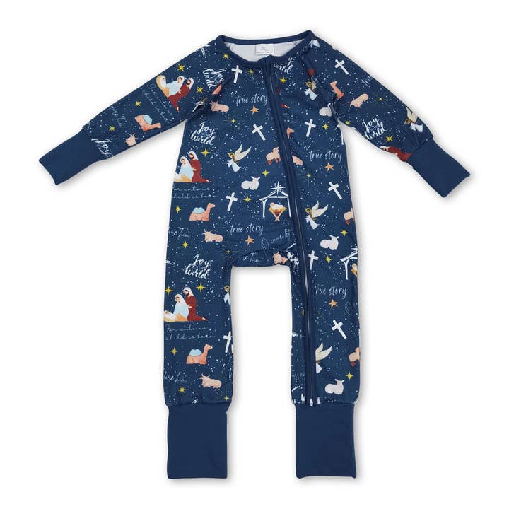 Yawoo Garments - Wholesale Sleepwear Set - Kids - Blue long sleeves cross nativity kids boys Christmas pajamas1