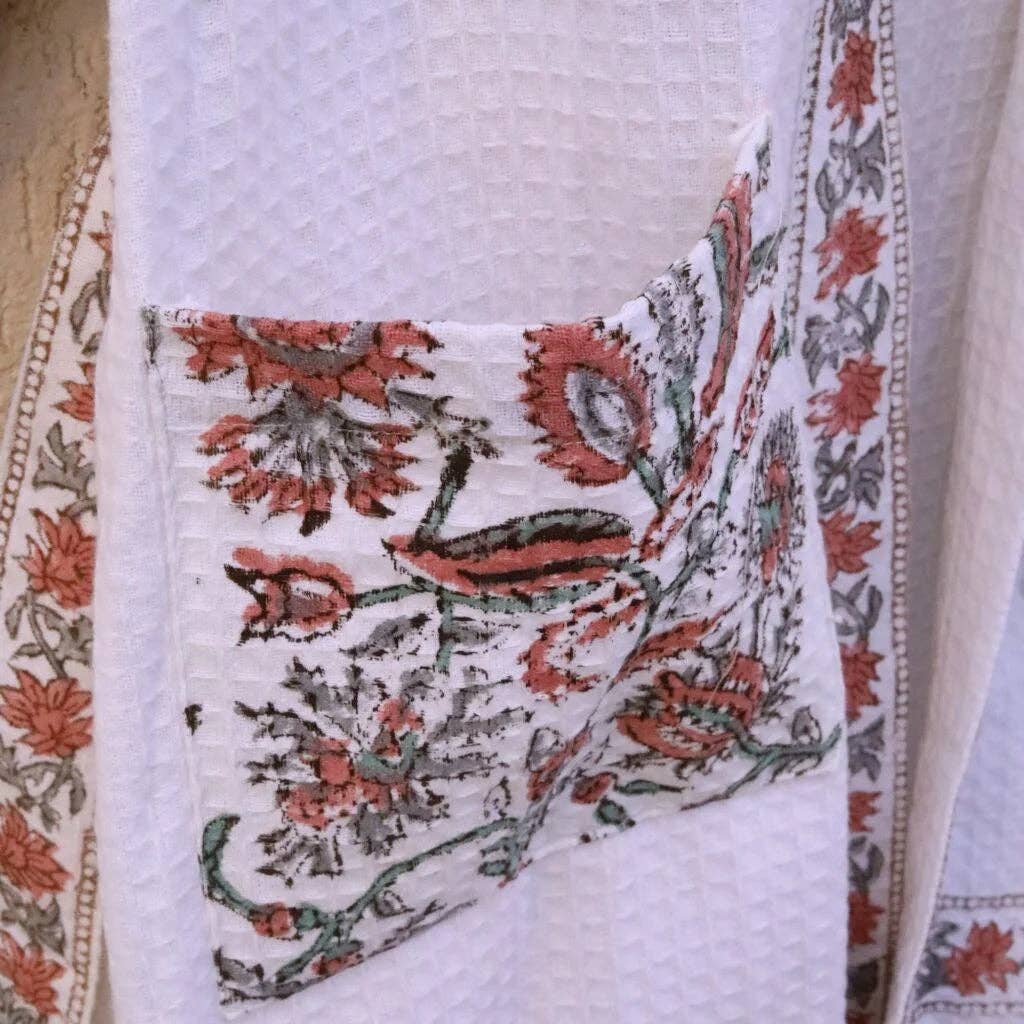 Draped In Heritage - Wholesale Robe - Women's - Red Grey Florals Hand Block Printed Cotton Waffle Bathrobe2