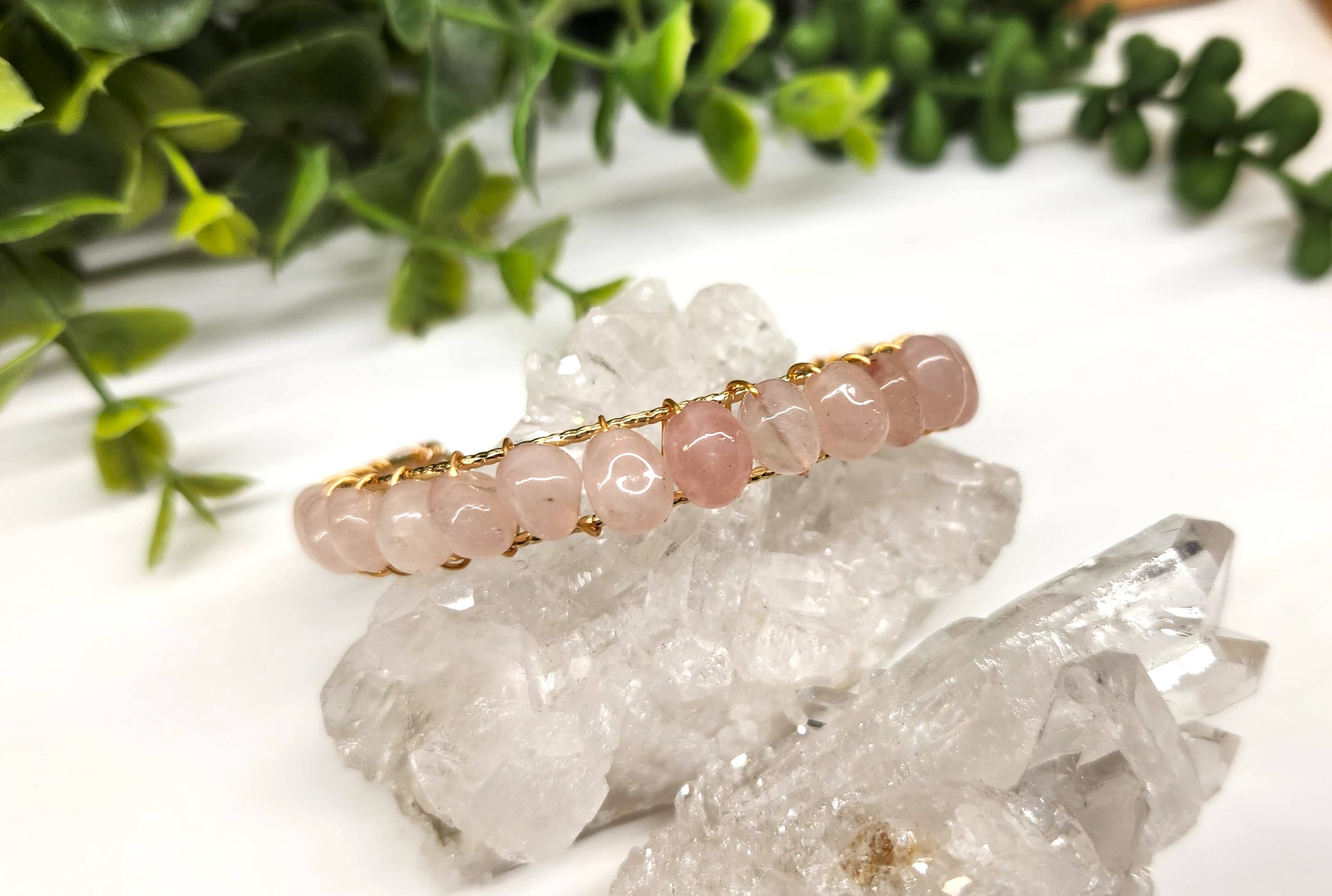 Meraki Gemstones - Wholesale Cuff Bracelet - Rose Quartz Bangle/Cuff/Wire Wrapped -18kt. Gold Overlay3