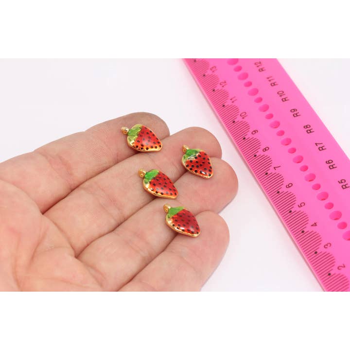 24k Skinnende Guld Jordbær Charms, Jordbær Emalje, MLS90 for engroshandel hos QueenJewelryM
