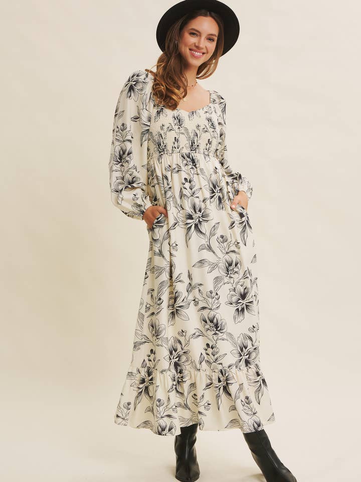 COZY FALL PICNIC FLOWY FLORAL SMOCKED MAXI DRESS for wholesale by in february