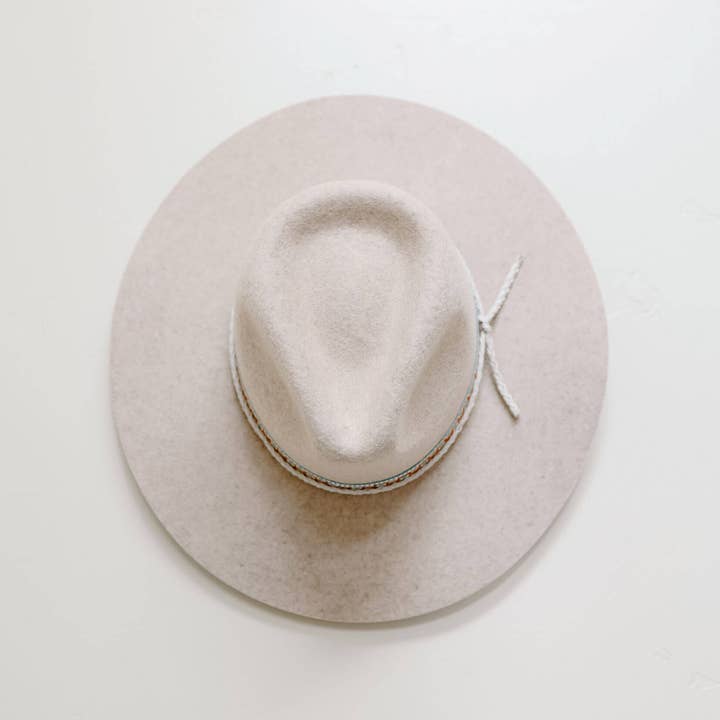 Oatmeal Wide Brim Wool Felt Fedora Rancher Hat - Style Maldives Moon for wholesale on Faire