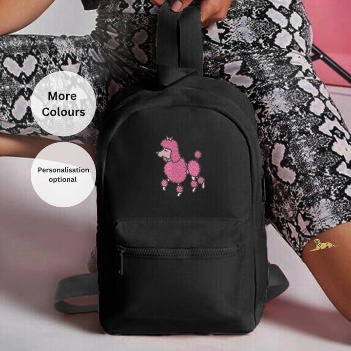 Pink Poodle Embroidered unisex mini essential rucksack for wholesale by Thread and Needles Co