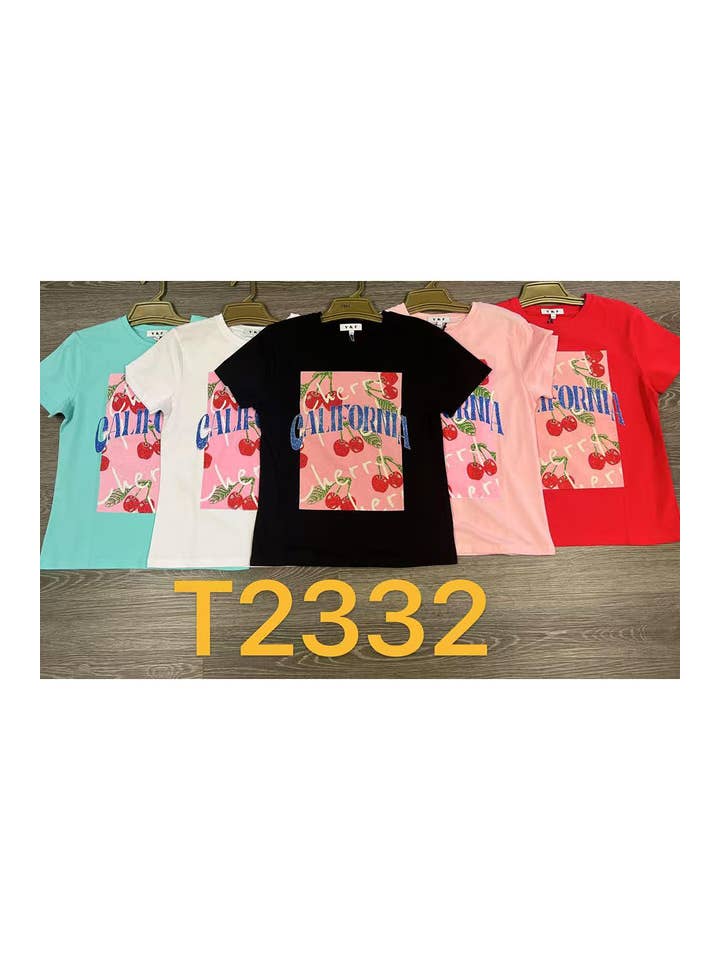 Color 5 - Wholesale Screen printed t-shirt – Women′s - Cherry graphic printing with rhinestone trim basic t shirt3