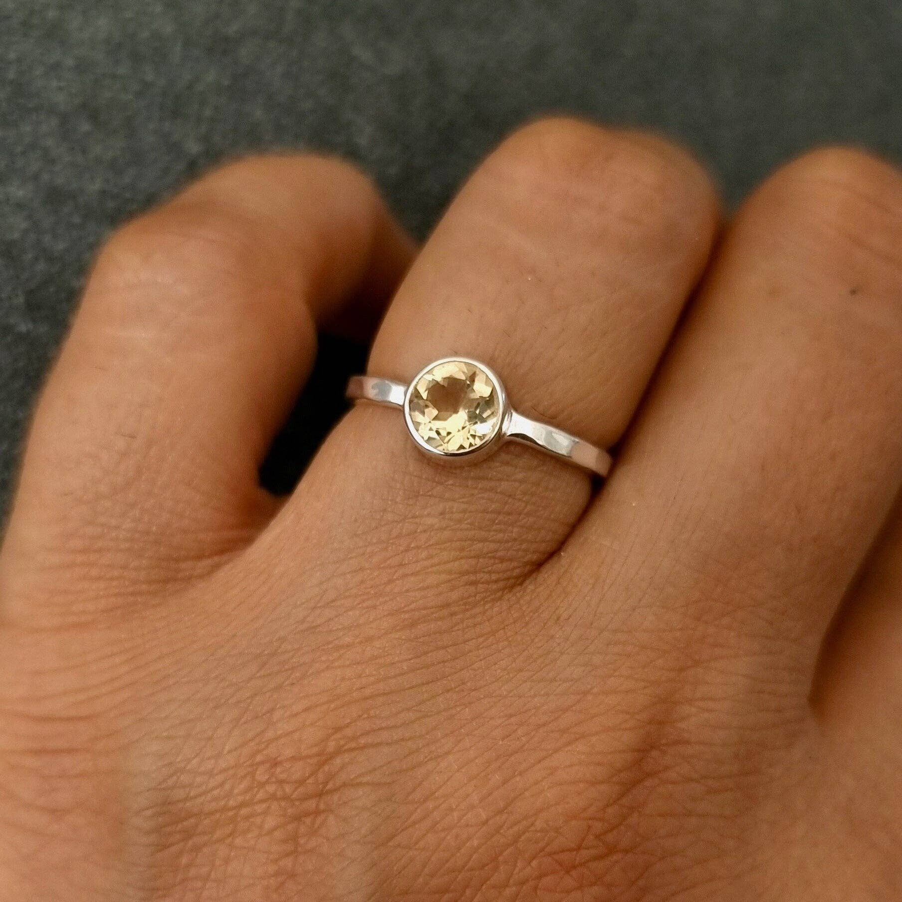 Mistry Gems - Wholesale Single Stone/Solitaire Ring - Unisex 6mm Round Citrine Ring | Hammered Sterling Silver1
