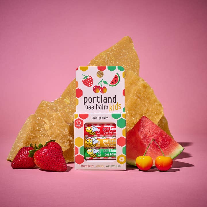 Strawberry, Cherry, Watermelon Kids Assorted Lip Balm 3Pack for wholesale by Portland Bee Balm