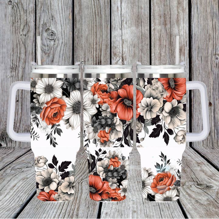 Gobelet à fleurs orange et noir avec poignée pour la vente par Crafting in Chaos