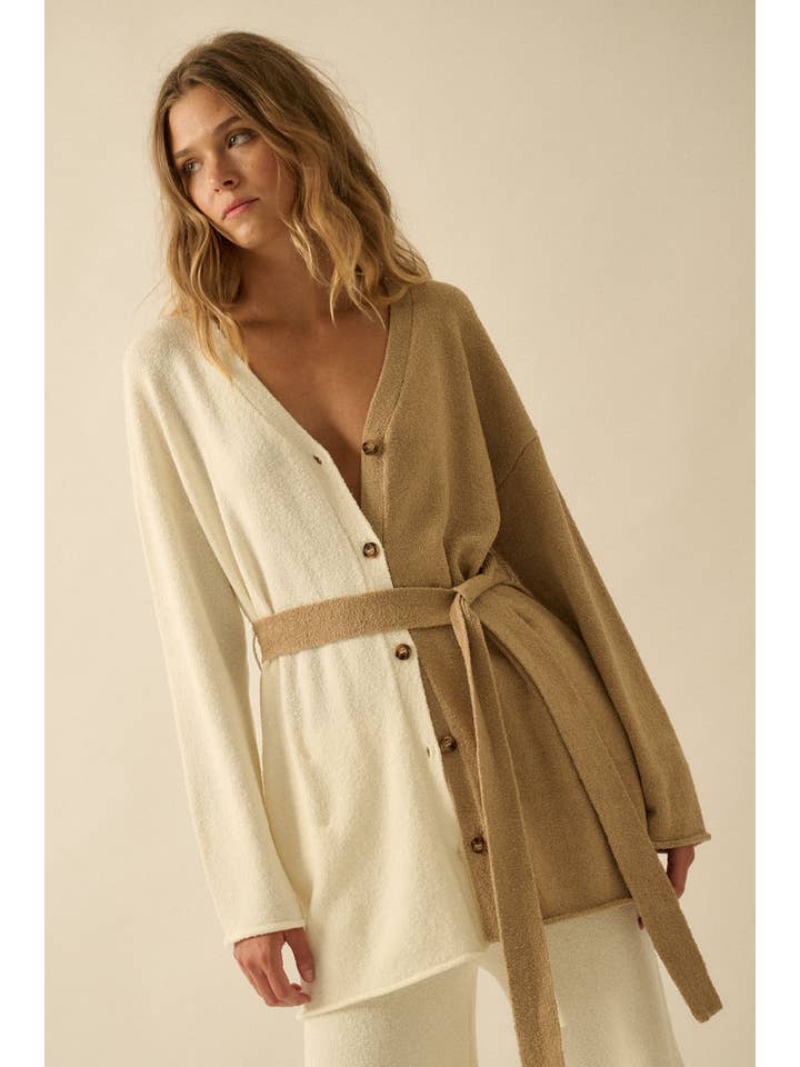 Promesa USA - Wholesale Cardigan - Women's - Textured Knit Colorblock Belted Cardigan