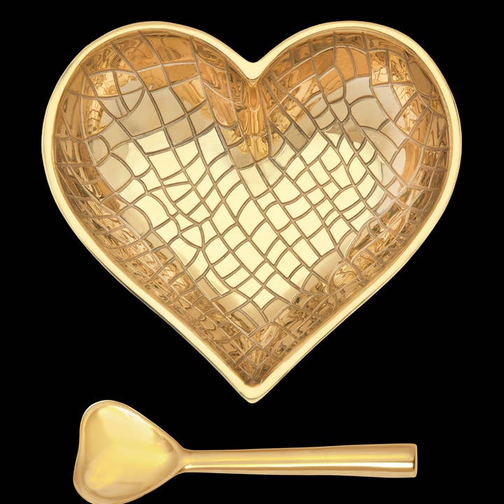 Inspired Generations - Wholesale Decorative Plate/Dish/Bowl - Happy Bright Gold Croco Heart with Heart Spoon1