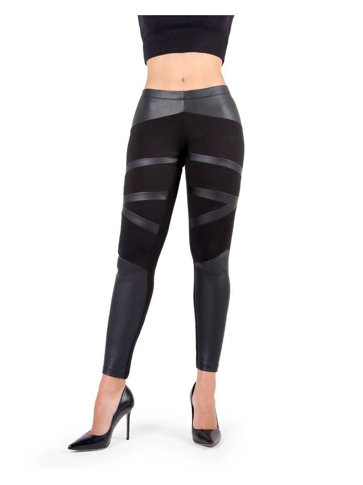 Black MeMoi Matxina Retro Cut Faux Leather Accents Leggings for wholesale on Faire3