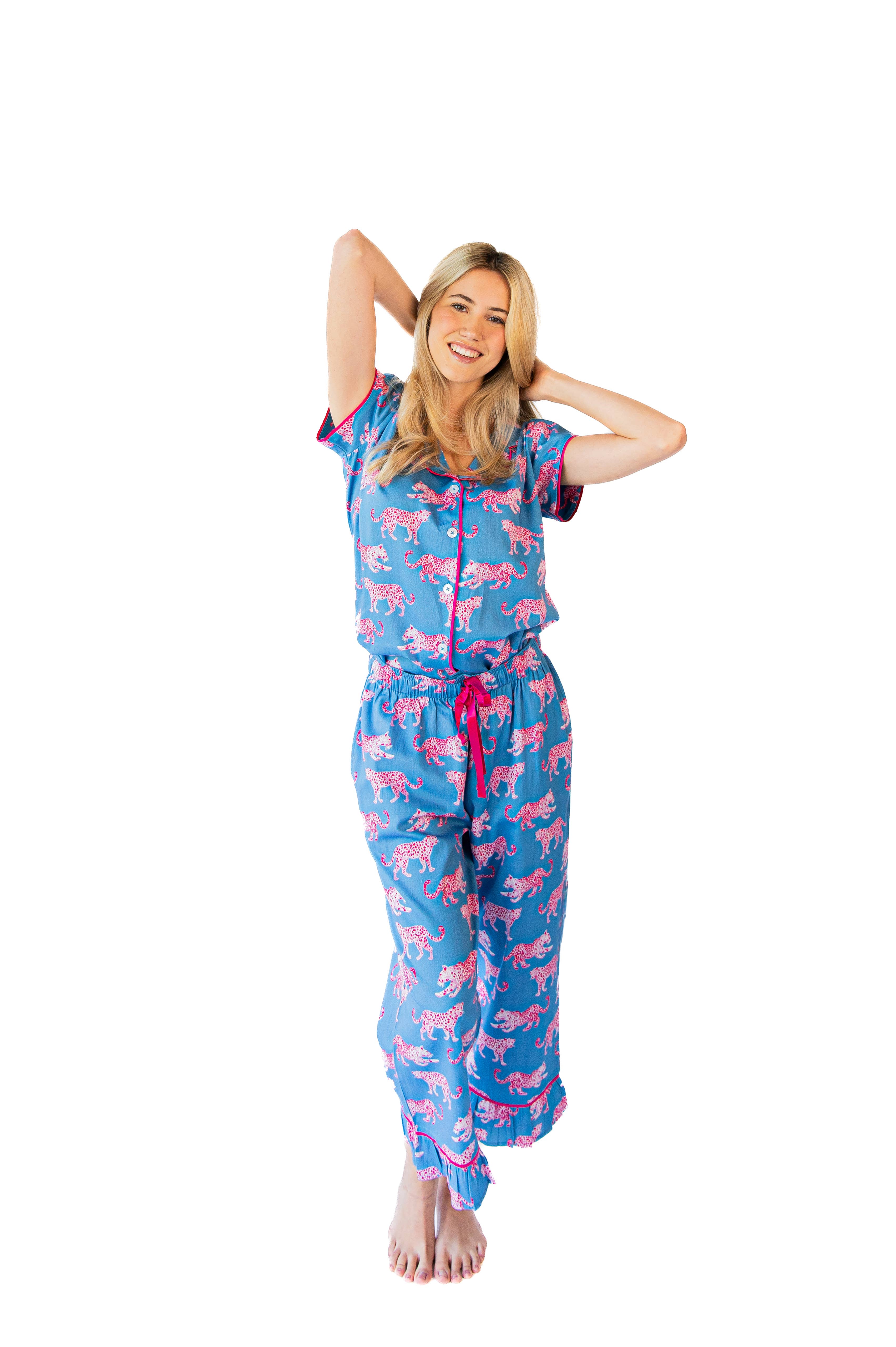 Pink Leopards Luxe Sateen Capri Pajama Set - Blue & Pink for wholesale on Faire3