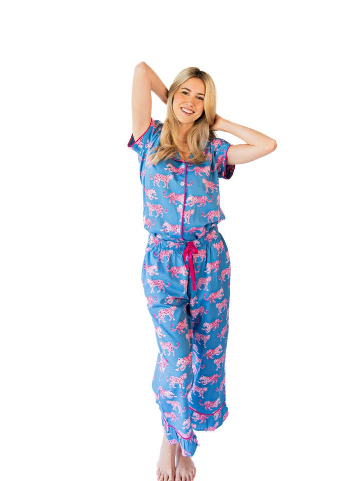 Pink Leopards Luxe Sateen Capri Pajama Set - Blue & Pink for wholesale on Faire3