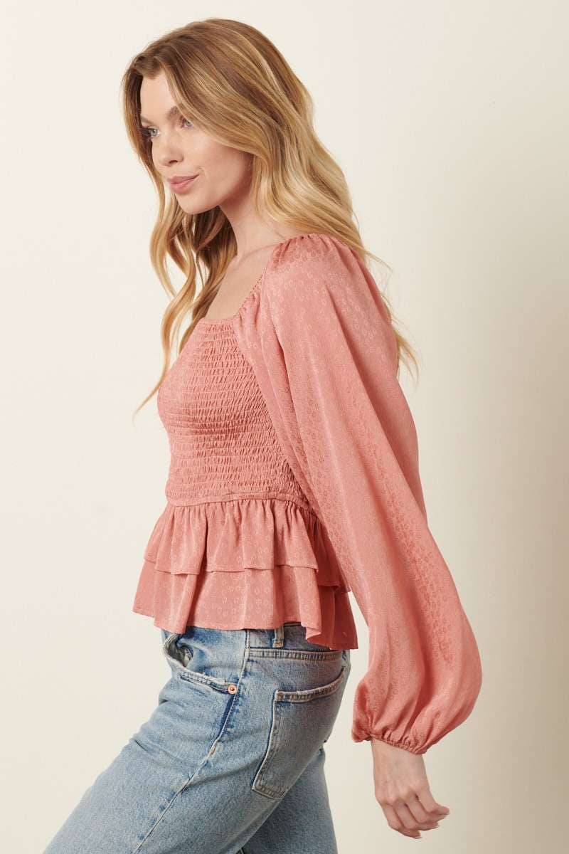 mittoshop - Wholesale Blouse - Women's - H14432A-FLOWER JACQUARD SMOCKING BODICE BLOUSE4